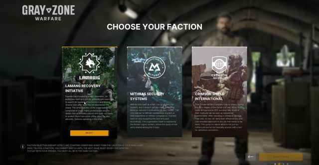 Gray Zone Warfare faction select screen