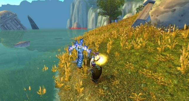 A WoW Classic priest casts a holy spell at a Naga in Feralas
