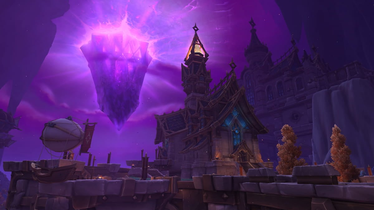 The purple crystal hovering over Harrowfall in WoW War Within