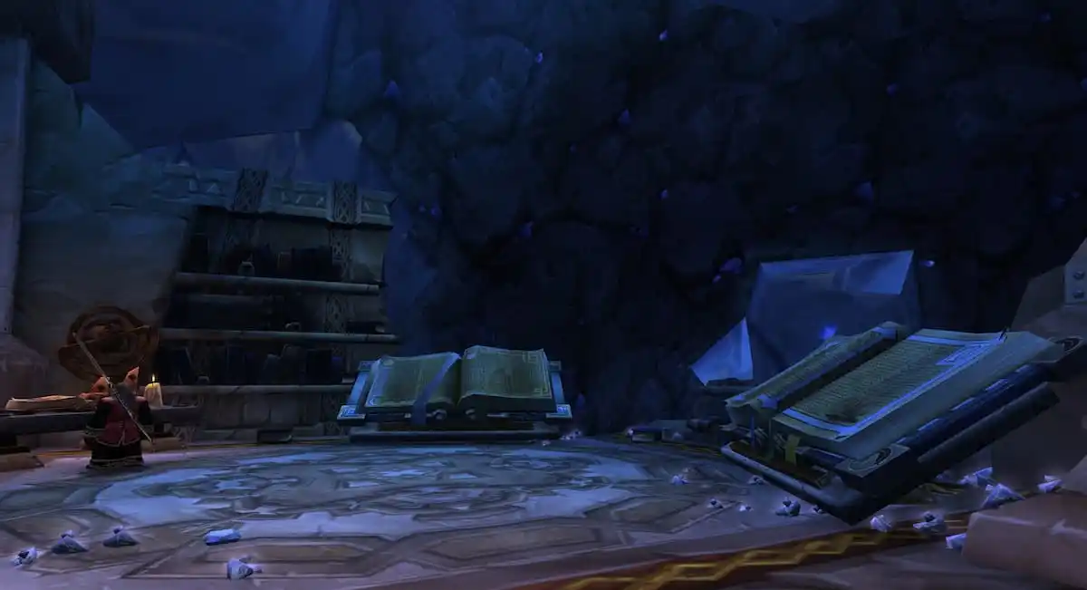 Old Ironforge in World of Warcraft featuring large books and tomes, as well as the NPC named Advisor Belgrum