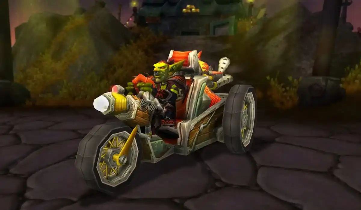A goblin character in WoW riding a racial trike mount