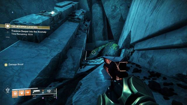 A guardian aims Sunshot at a set of rocks, with a hole to the left of them.