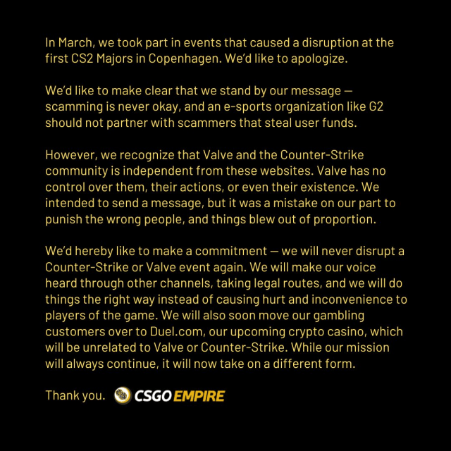 A screenshot of an apology statement from CSGOEmpire.
