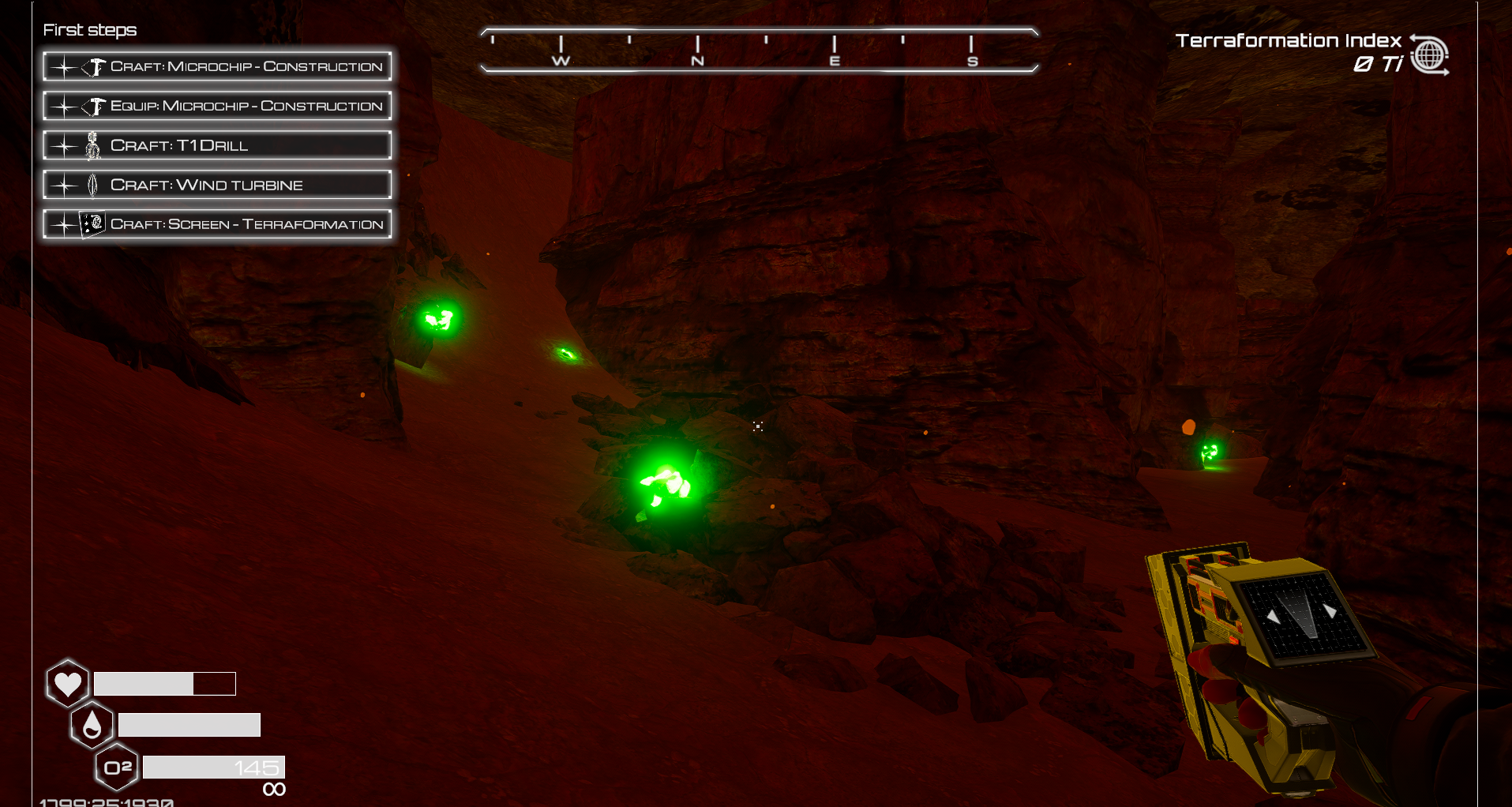A character looks down at glowing green resources in The Planet Crafter.