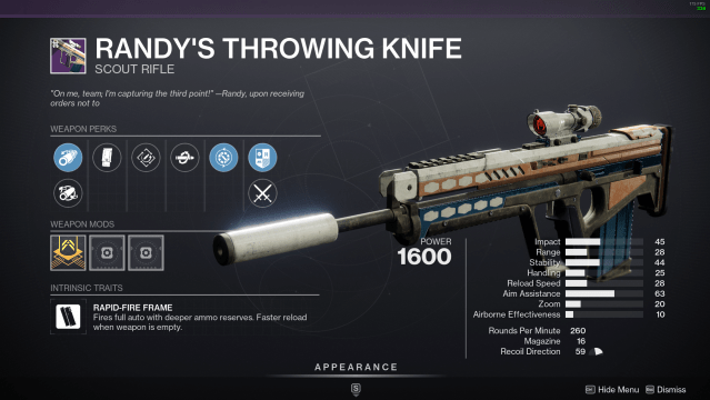 Randy's Throwing Knife, a scout rifle from Destiny 2.