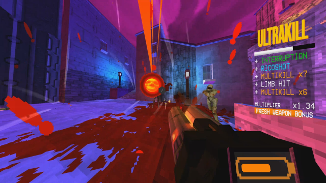 A player shoots a weapon at an exploding enemy while retro combo text appears in ULTRAKILL.