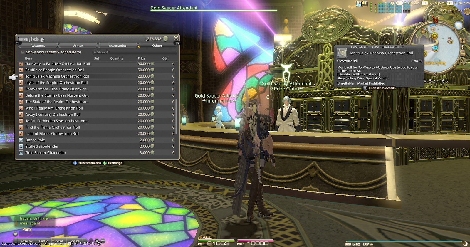 A player character browses a casino vendor's inventory in Final Fantasy XIV.