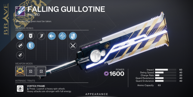 The BRAVE variant of the Falling Guillotine sword in Destiny 2, with stats.