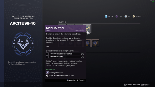 A screenshot of the Spin to Win quest for the BRAVE Falling Guillotine in Destiny 2. 