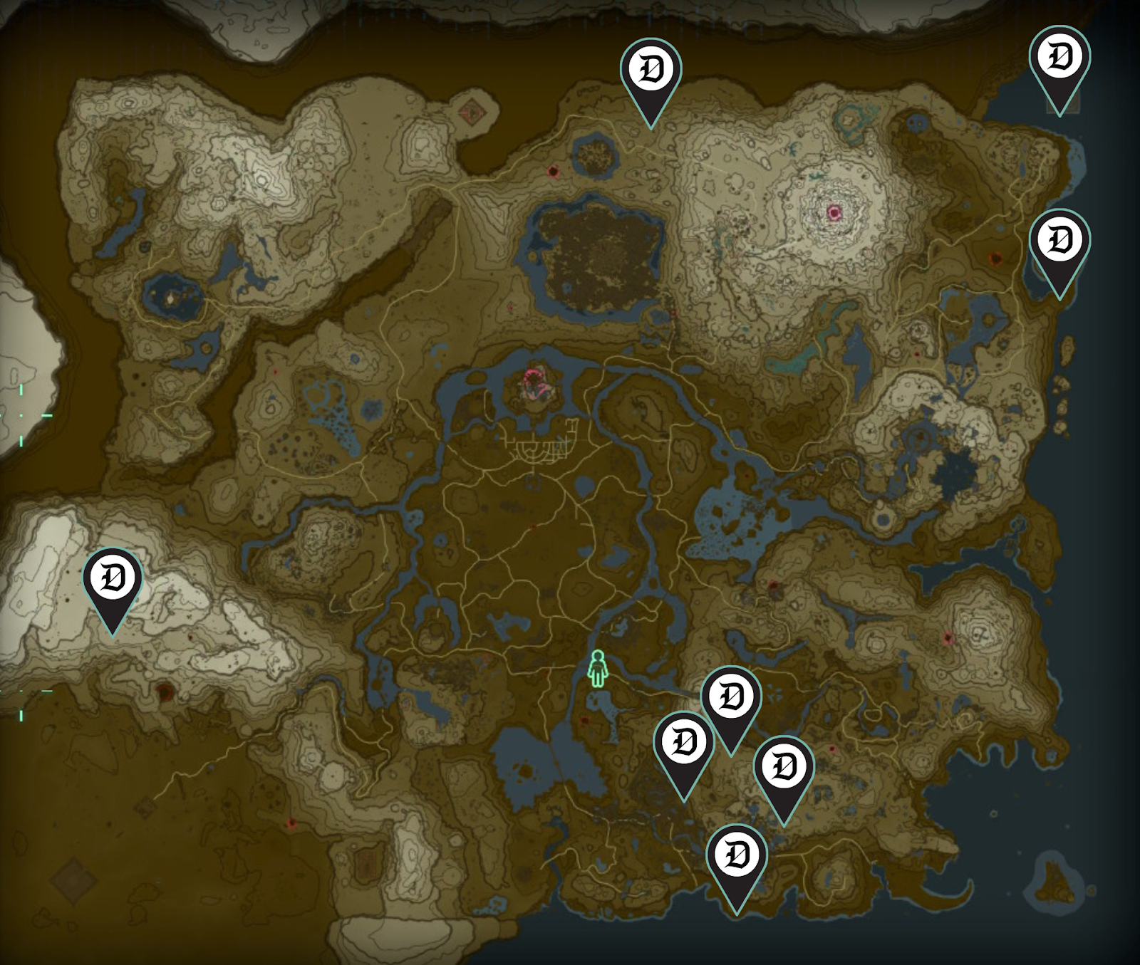 A map of Hyrule's surface from The Legend of Zelda: Tears of the Kingdom with eight marked locations.
