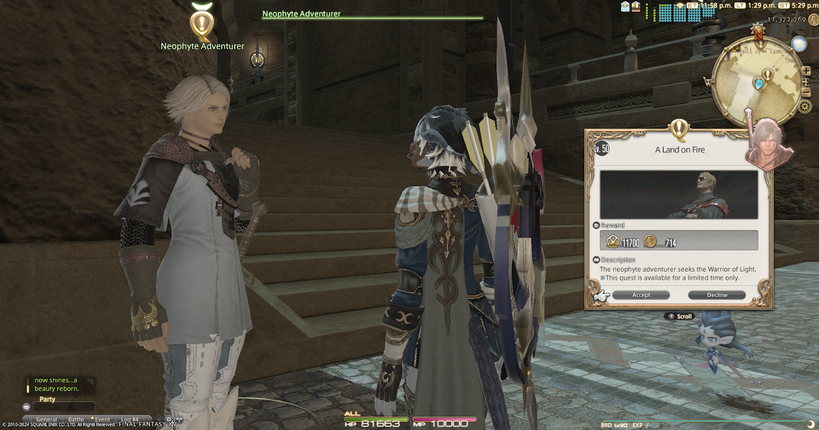 A player character accepts the Final Fantasy XVI collaboration event quest from an NPC in Final Fantasy XIV.