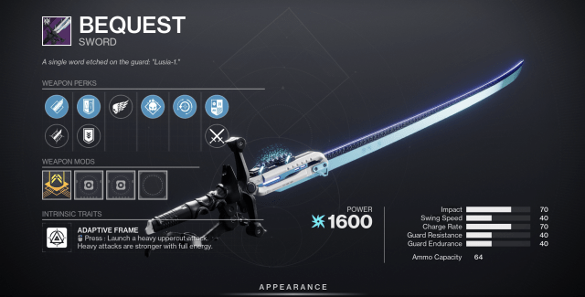 The Bequest sword from Destiny 2 with base perks.