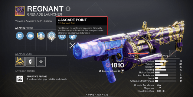 A crafted Regnant grenade launcher in Destiny 2 with the Cascade Point perk highlighted.
