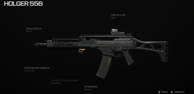 The Holger 556 assault rifle with upgraded attachments in MW3.