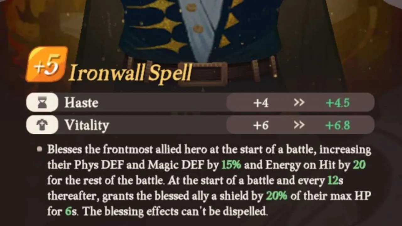 The in-game description of the Ironwall Spell in AFK Journey.