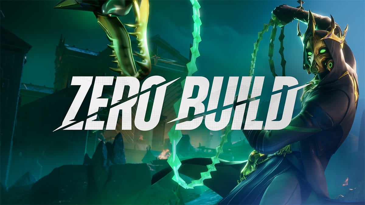 A Fortnite character standing beside the Zero Build logo.