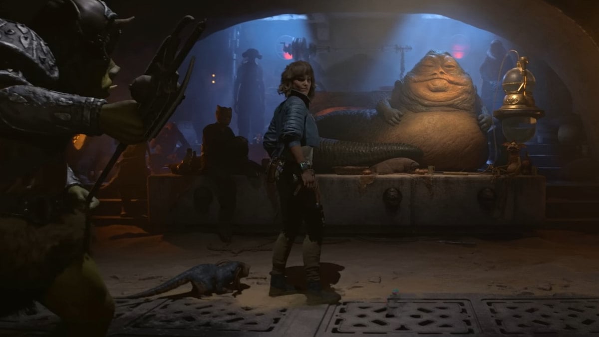 Kay Vess with Jabba the Hutt in Star Wars Outlaws.