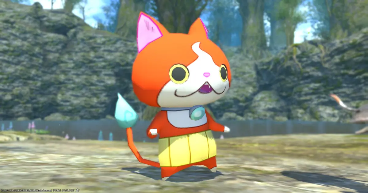 Jibanyan, an orange cat minion, standing in a grassy wetland in Final Fantasy XIV.