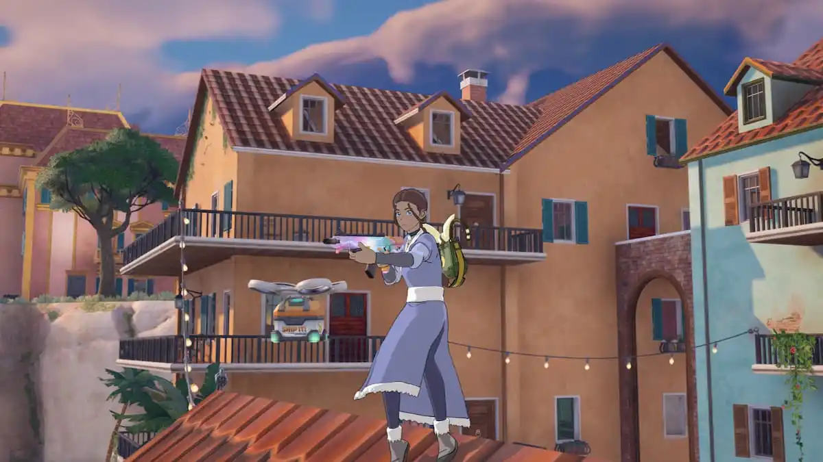 Katara standing on a roof at a hot spot with a Supply Drone flying behind her in Fortnite.