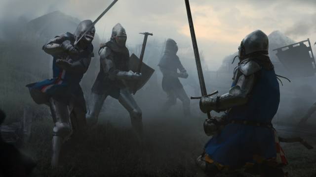 Knights fighting with different melee weapons and shields in a misty grey battlefield in Manor Lords.