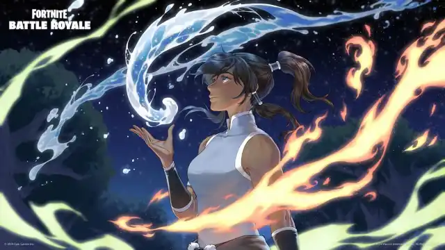 Korra surrounded by the four elements in Fortnite.