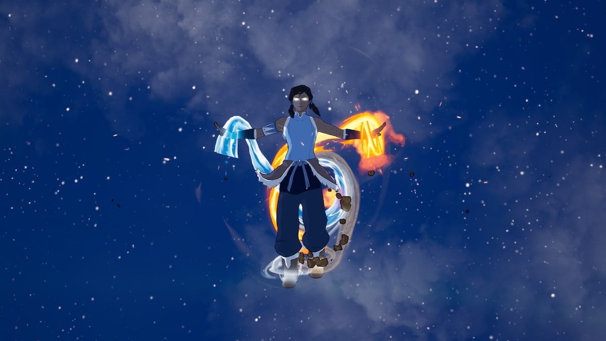Korra flying in the sky and using all four elements in Fortnite.