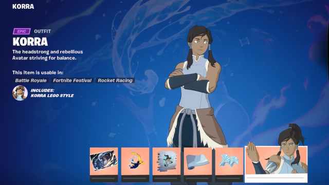 Korra's page and items in Fortnite.