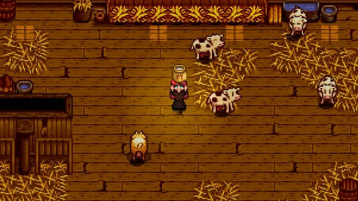 The player holding large milk in Stardew Valley.