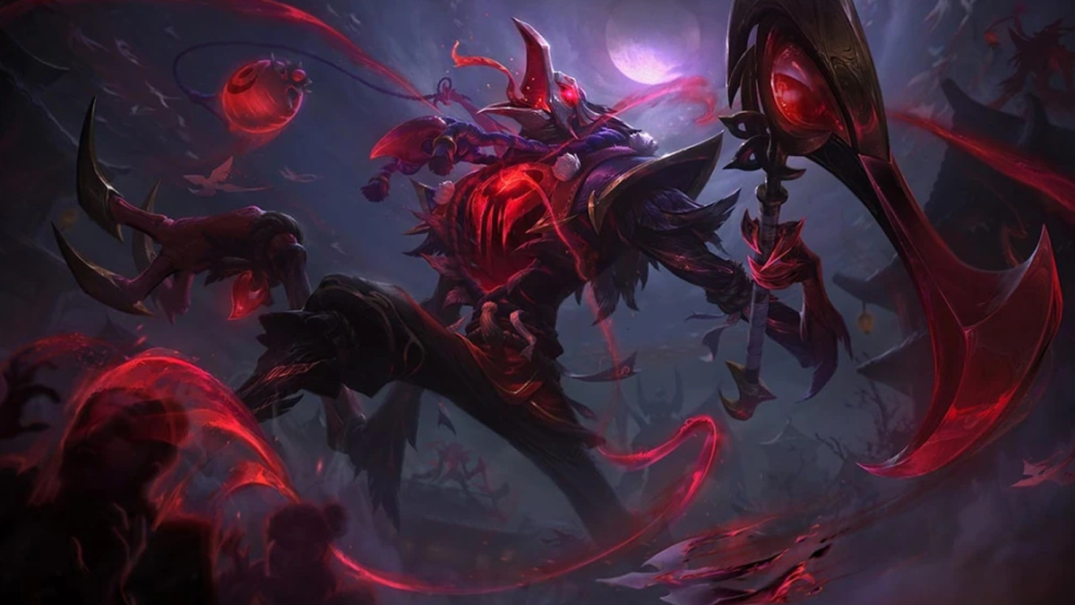 Blood Moon Fiddlesticks from League of Legends howls at the moon while red spirit energy whirls around him