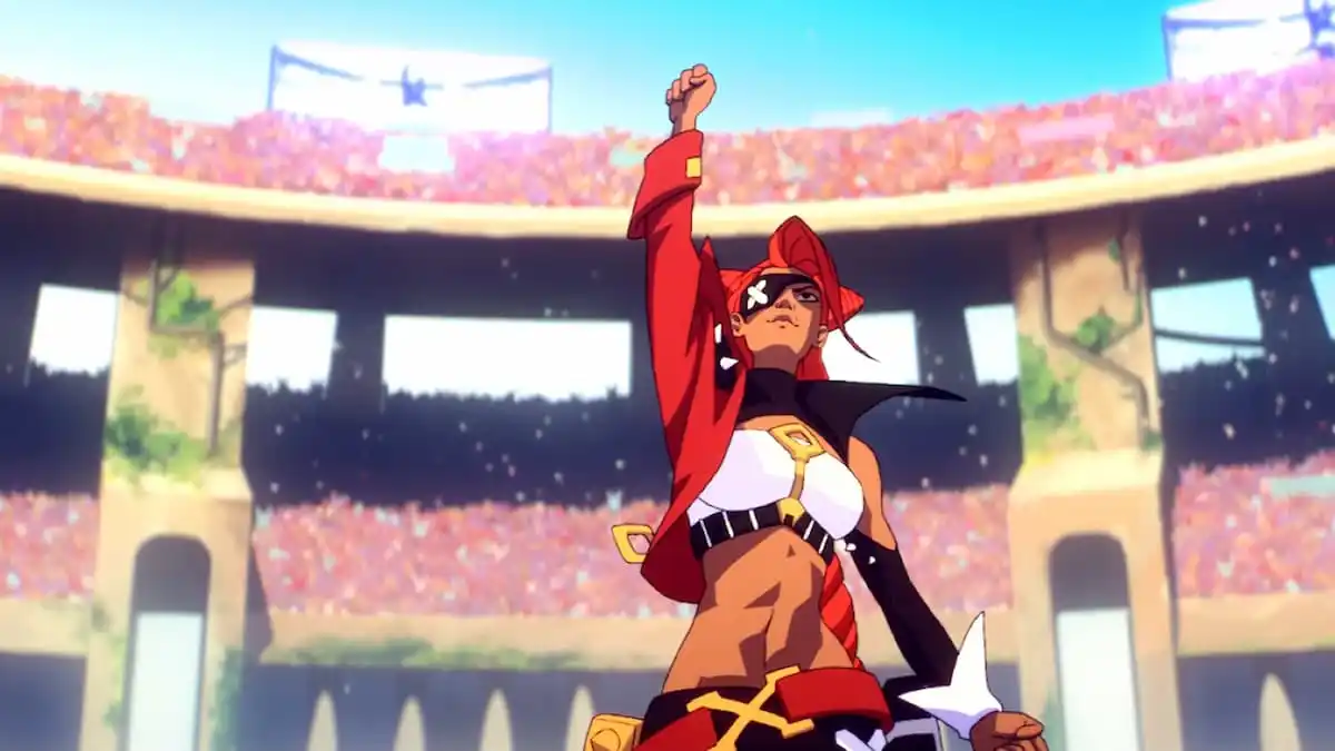 An animated version of Samira from League of Legends lifts her hand in celebration in front of a huge colosseum stand full of fans.