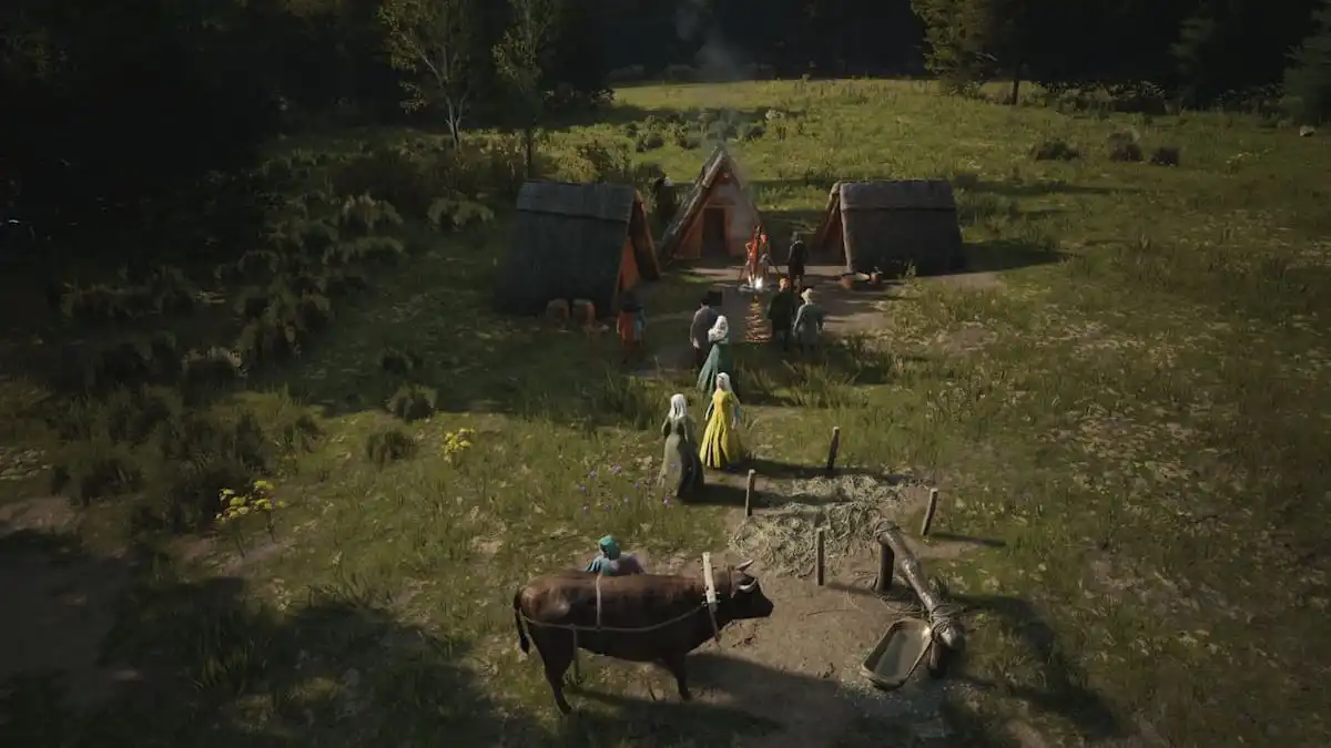 A screenshot of a settlement in Manor Lords highlighting several villagers.