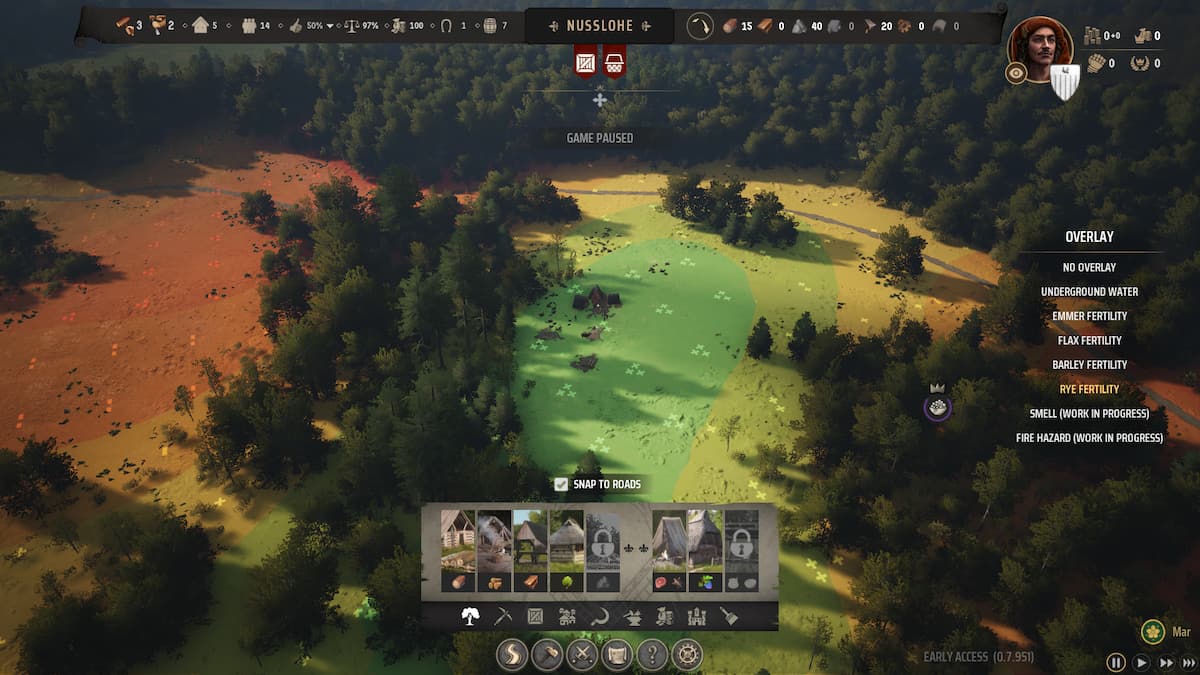 Manor Lords' fertility overlay on showing the soil quality for that specific crop in several areas.