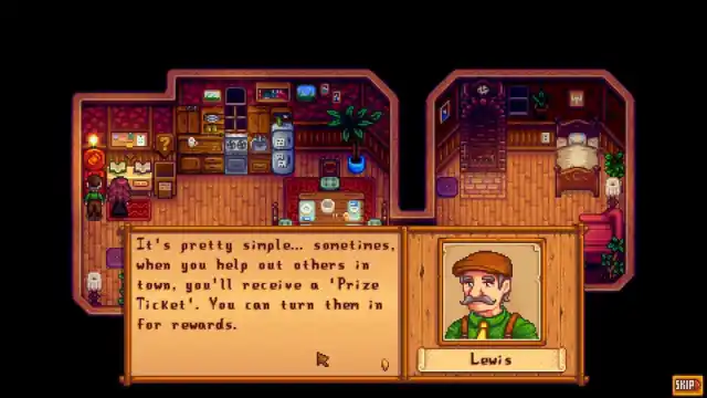 The Mayor explaining how the Prize Machine and Prize Ticket system works in Stardew Valley.