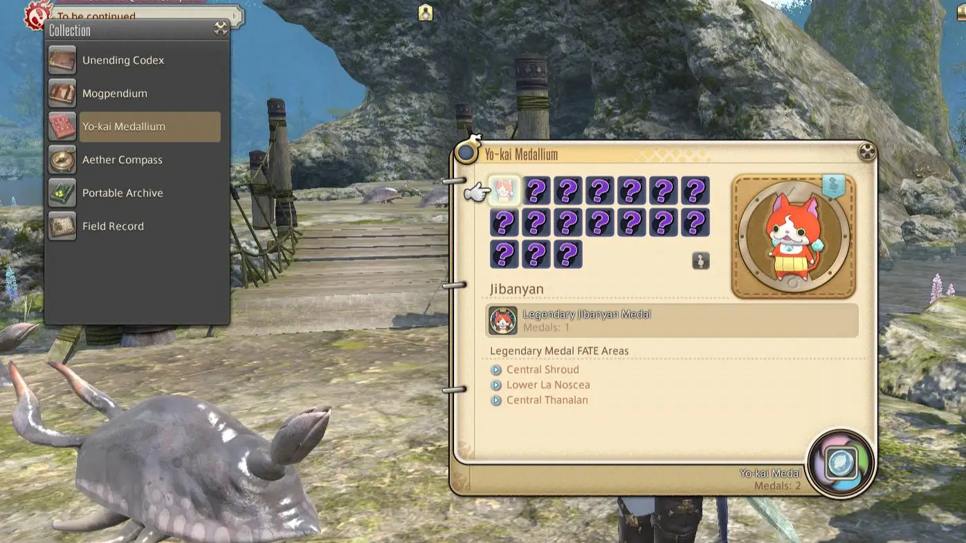 A Final Fantasy XIV menu listing the different minions you can collect in the Yo-kai Watch crossover event.