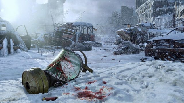 a bloody mask in snow in Metro Exodus