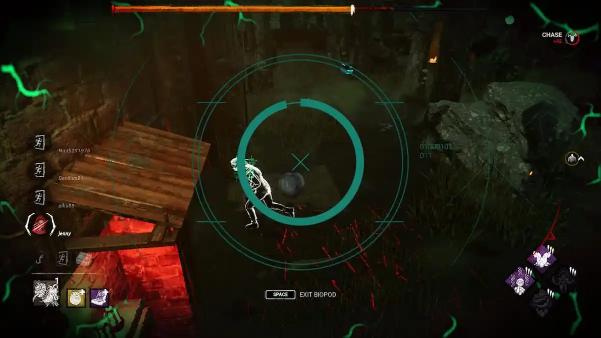 The Singularity operating a Biopod and tagging a survivor in Dead by Daylight.