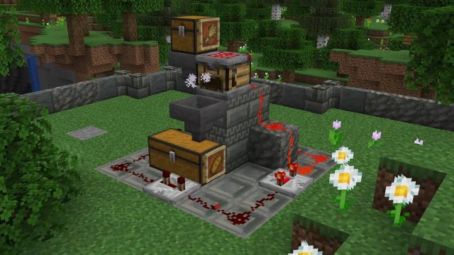 A crafter in Minecraft hooked to redstone and a chest.