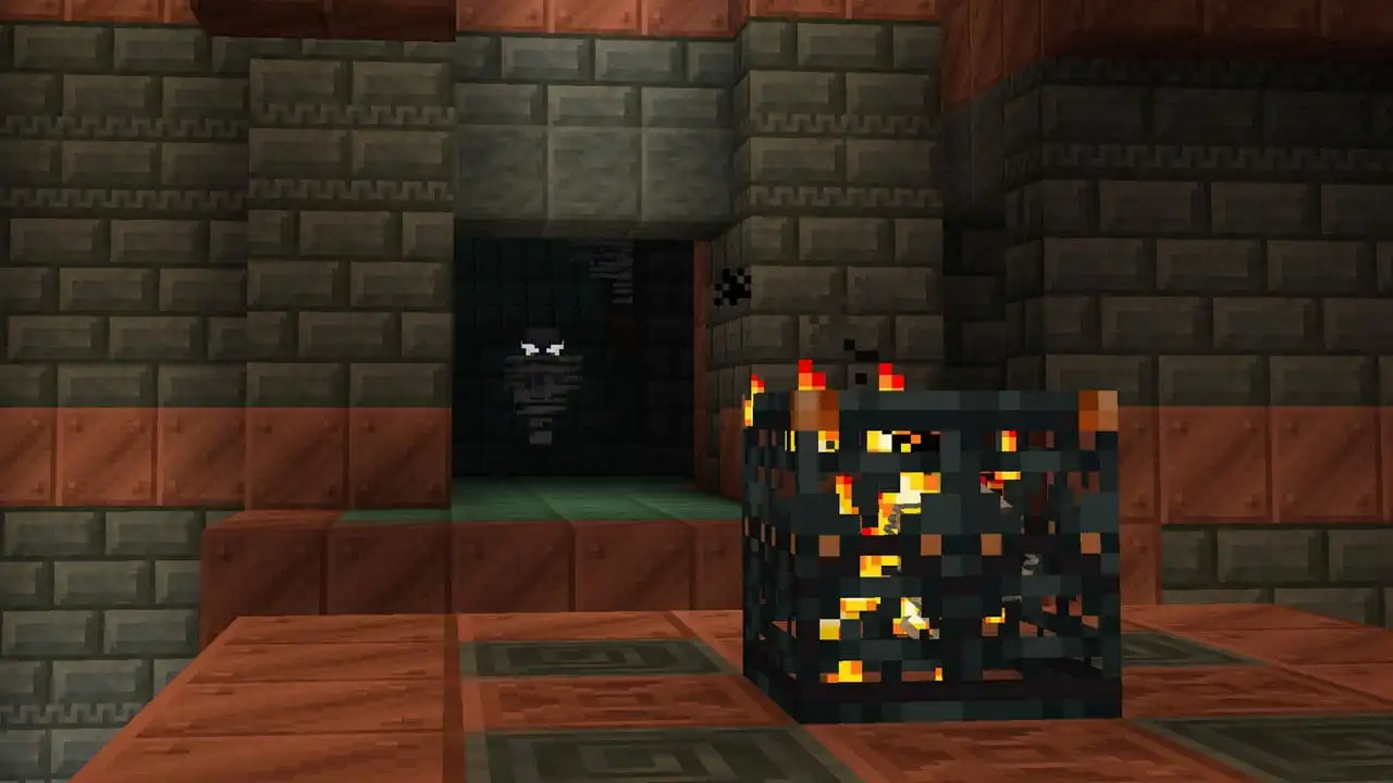 A Breeze mob looking at a trial spawner in Minecraft.