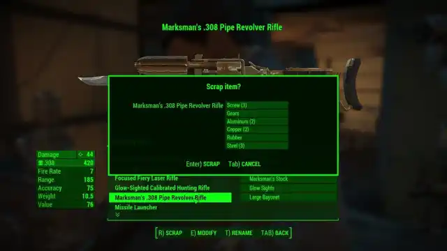 Scrapping materials from the pipe weapon in Fallout 4