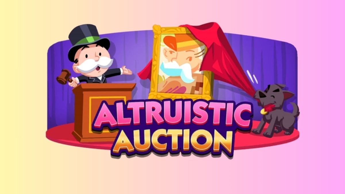 Image for Monopoly GO's Altruistic Auction featuring the Monopoly man, a painting, and a dog.