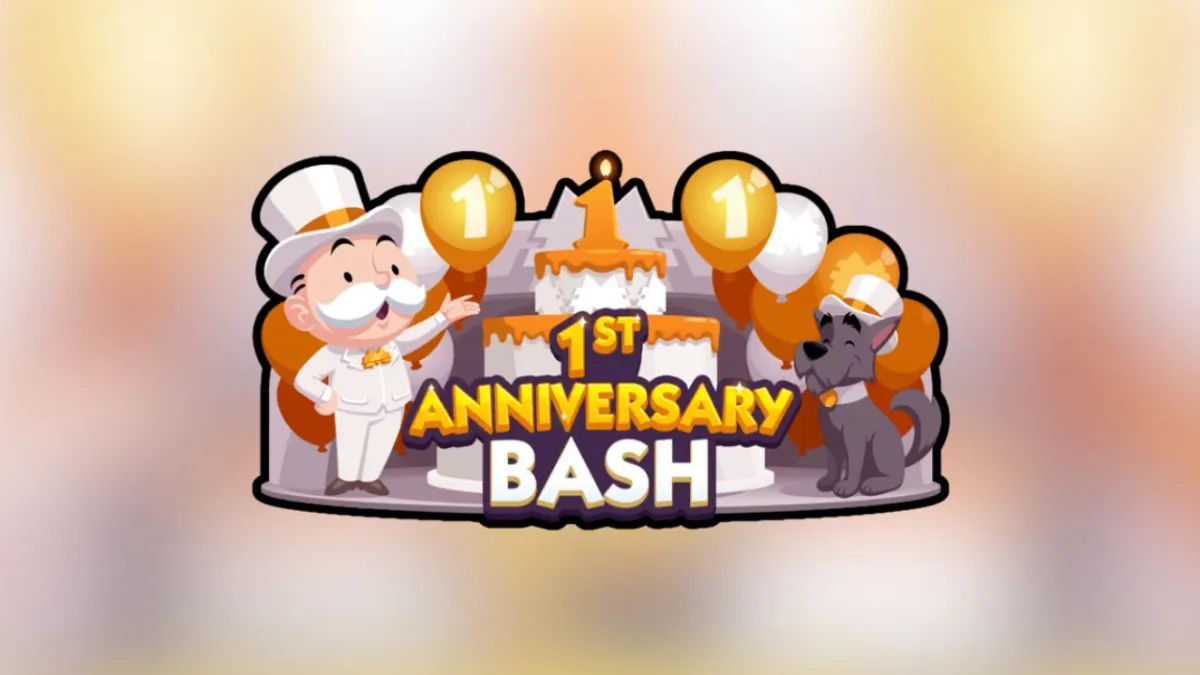 The Anniversary Bash logo in Monopoly GO over an orange and white blurry background.