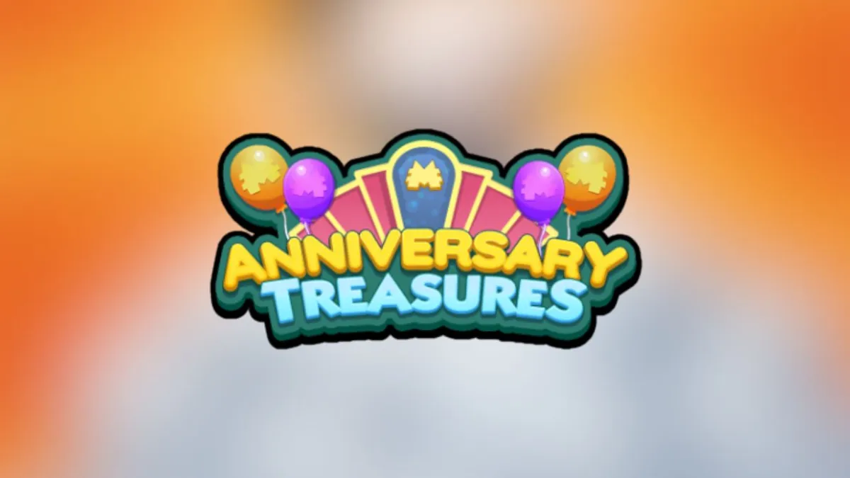 The Anniversary Treasures logo in Monopoly GO on an orange and white blurry background.
