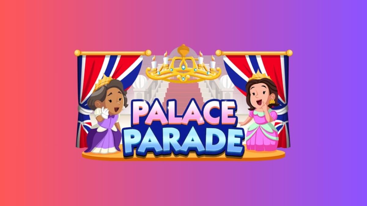 That’s a colorful graphic with the title "Palace Parade," featuring two animated characters dressed as princesses, with a large golden crown and a flag in the background.