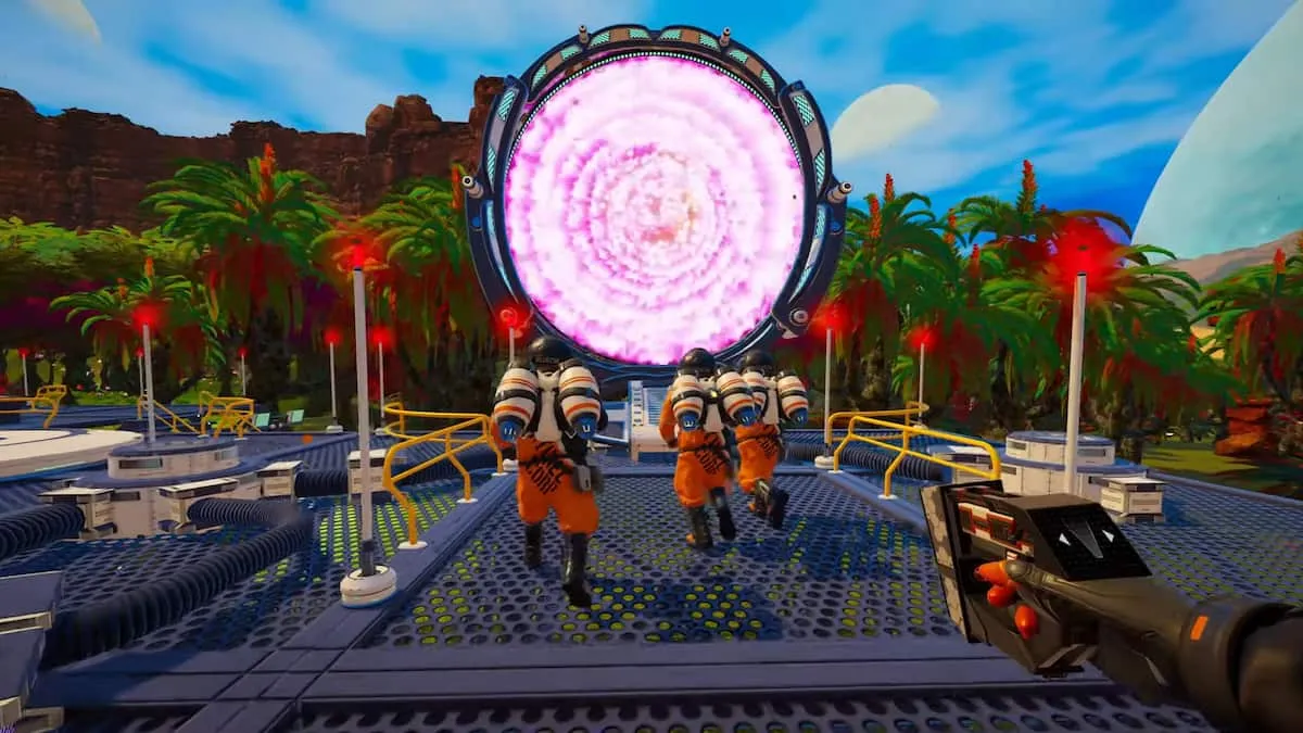 Multiple players running toward a portal in The Planet Crafter.