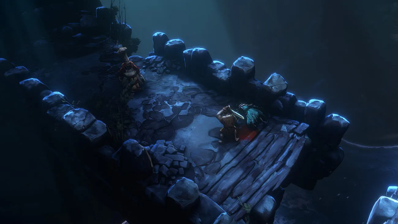 Innkeeper's Husband next to the corpse with the Western Bridge key in No Rest for the Wicked.