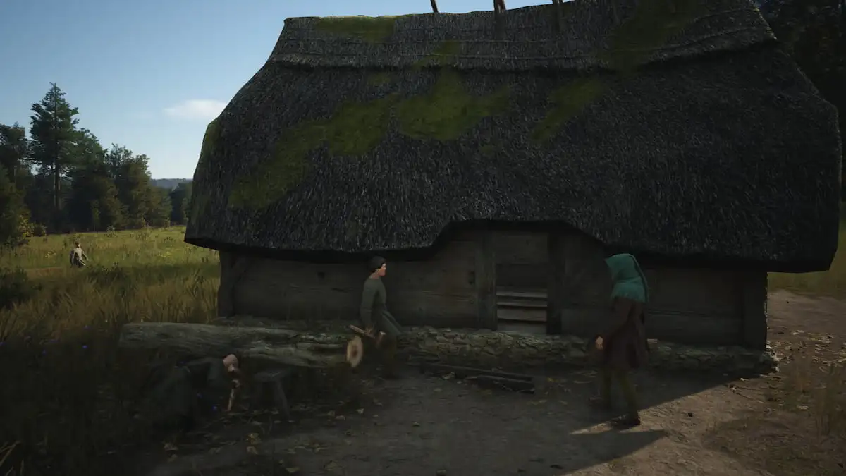 Some NPCs building and walking by a hut in Manor Lords.