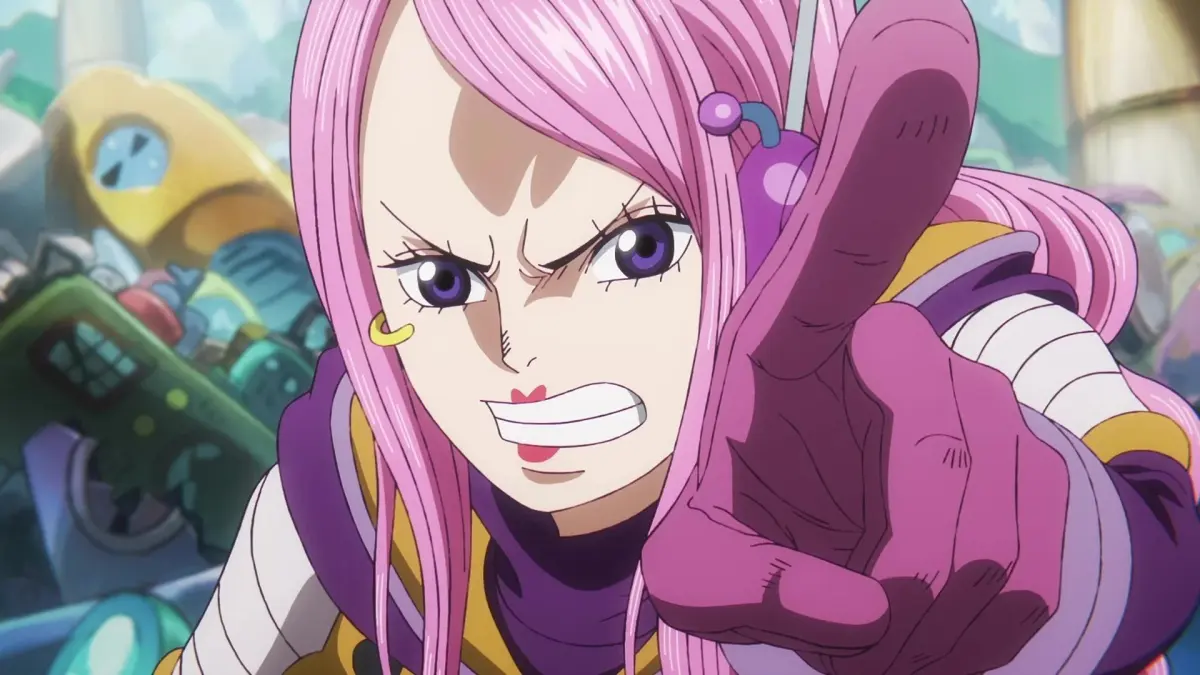 Jewelry Bonney from One Piece points while wearing futuristic Egghead Island gear
