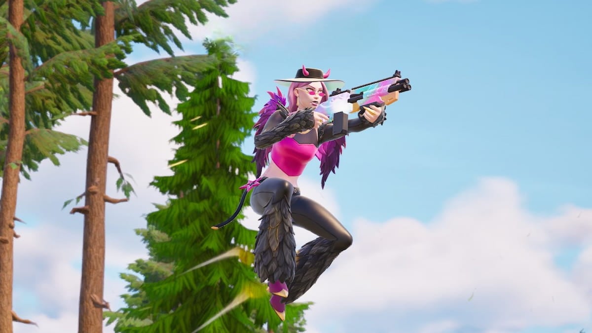 A player jumping and shooting using a ranged weapon in Fortnite.