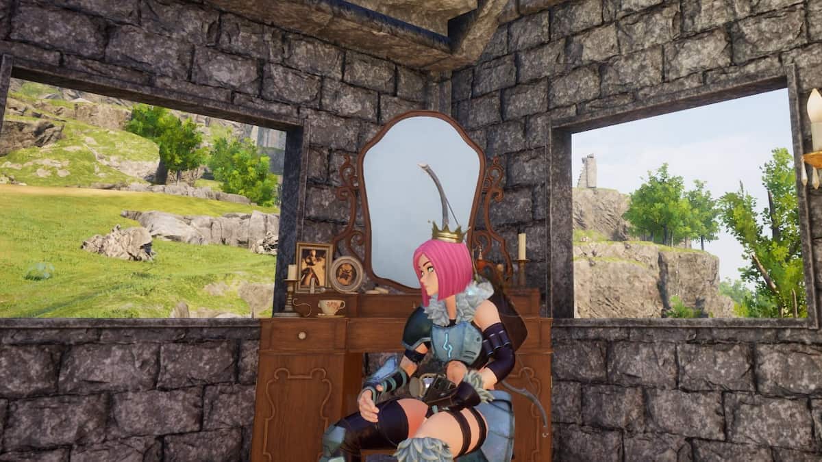 The player sitting by a dresser you can use to change your appearance in Palworld.