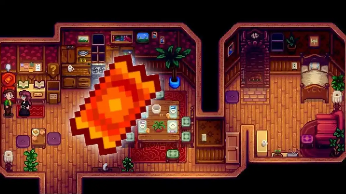 The player visiting the Prize Machine in Mayor Lewis's house and a Prize Ticket in Stardew Valley.